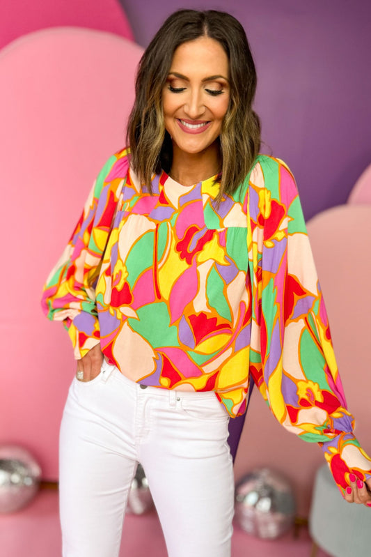 Pink Multi Abstract Crew Neck Button Cuff Top, printed top, bright top, must have top, must have style, office style, spring fashion, elevated style, elevated top, mom style, work top, shop style your senses by mallory fitzsimmons, ssys by mallory fitzsimmons