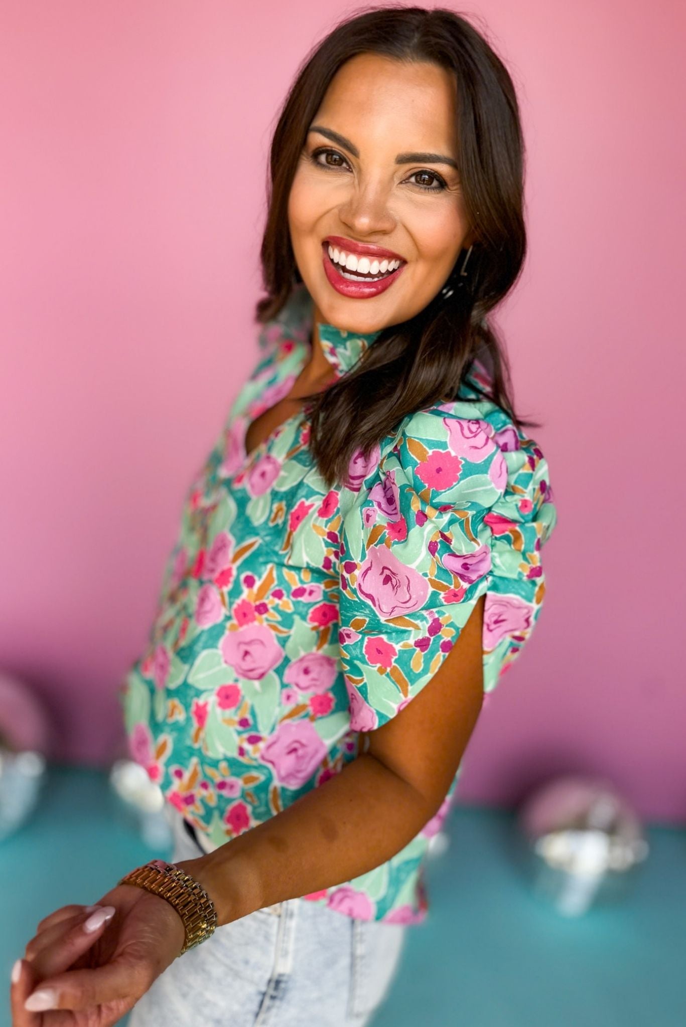 THML Aqua Multi Floral Print Frill Split Neck Ruched Short Sleeve Top, floral top, printed top, must have top, basic top, elevated basics, must have basic, elevated top, mom style, warm fashion, shop style your senses by mallory fitzsimmons, ssys by Mallory Fitzsimmons  Edit alt text