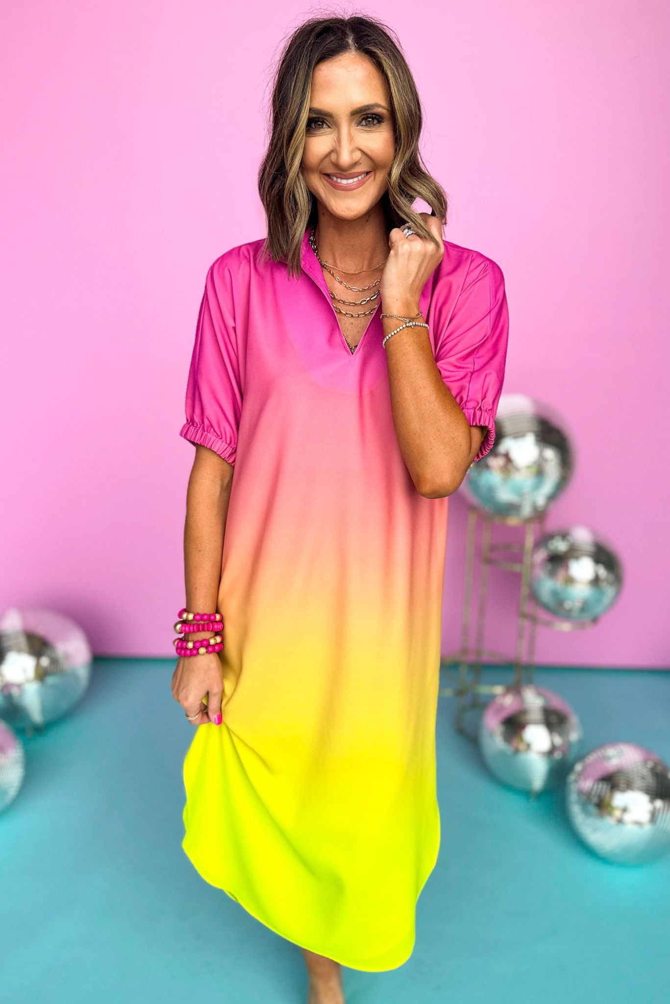 emily mccarthy pink multi split neck caftan, unique piece, ombre, elevated quality, summer style, bright colors, shop style your senses by mallory fitzsimmons
