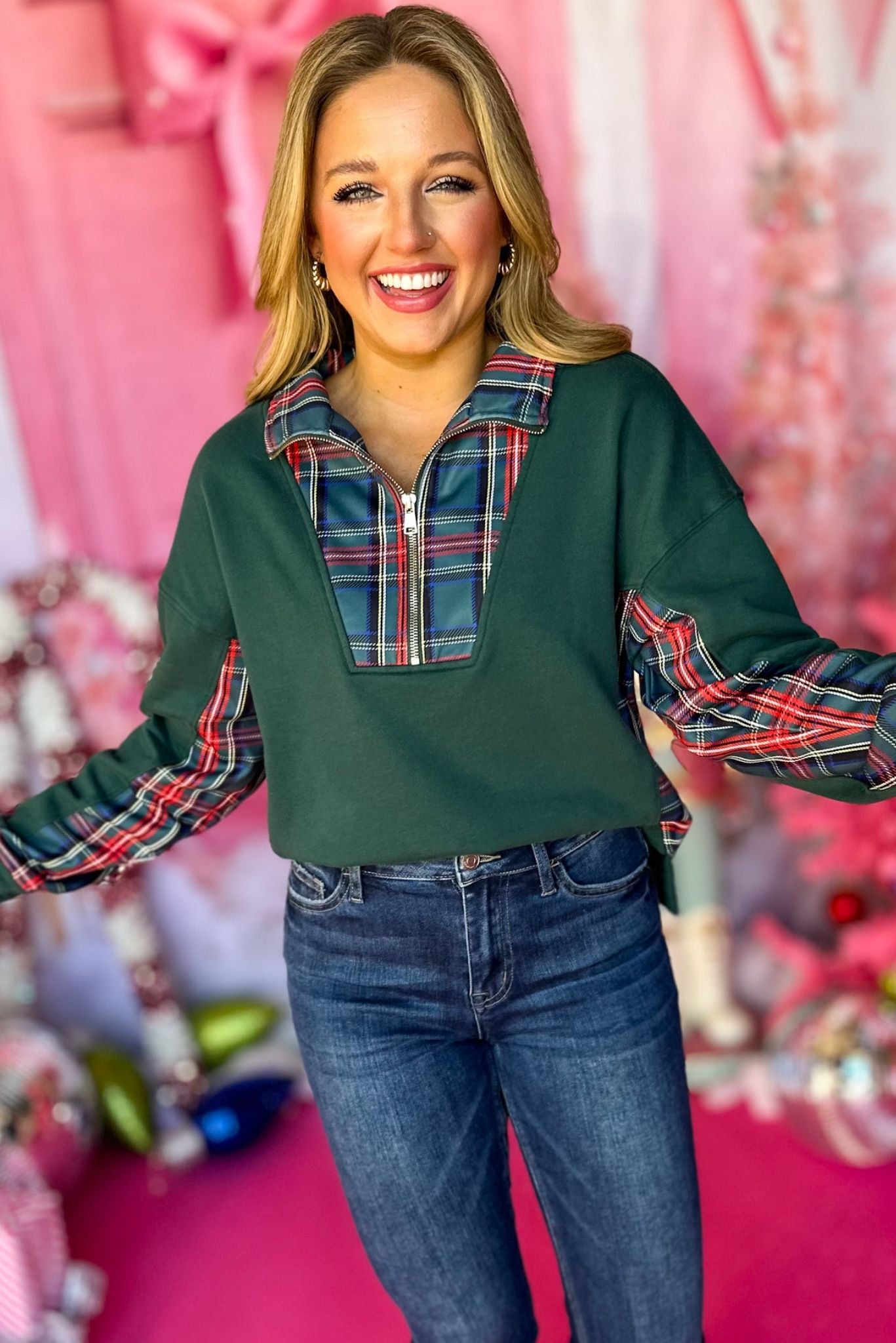 SSYS The Willow Pullover In Hunter Tartan Plaid, must have pullover, must have style, comfy style, holiday style, holiday fashion, affordable fashion, elevated pullover, elevated style, mom style, must have basic, elevated basic, shop style your senses by mallory fitzsimmons