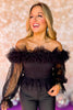 Black Off The Shoulder Organza Top, off the shoulder, nye outfit, glam, party outfit, smocked bodice, shop style your senses by mallory fitzsimmons