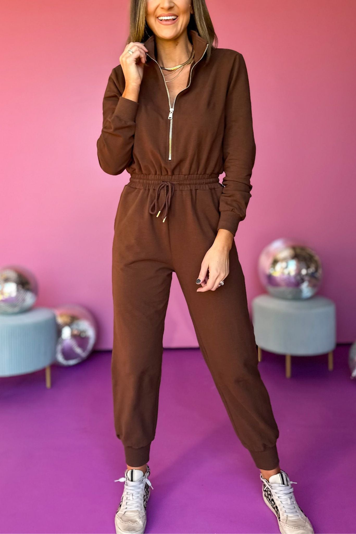SSYS The Long Sleeve Hallie Jumpsuit In Mocha, must have jumpsuit, must have style, elevated jumpsuit, elevated style, casual style, casual fashion, mom style, mom fashion, shop style your senses by mallory fitzsimmons
