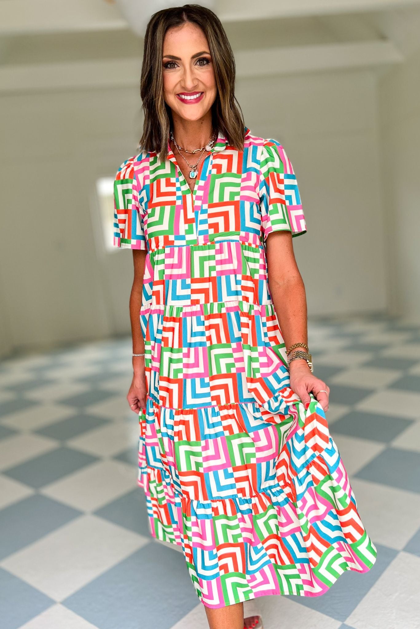 SSYS The Short Sleeve Emery Midi Dress In Colorblock Geometric, ssys the label, ssys dress, printed dress, must have dress, must have style, weekend style, brunch style, spring fashion, elevated style, elevated style, mom style, shop style your senses by mallory fitzsimmons, ssys by mallory fitzsimmons