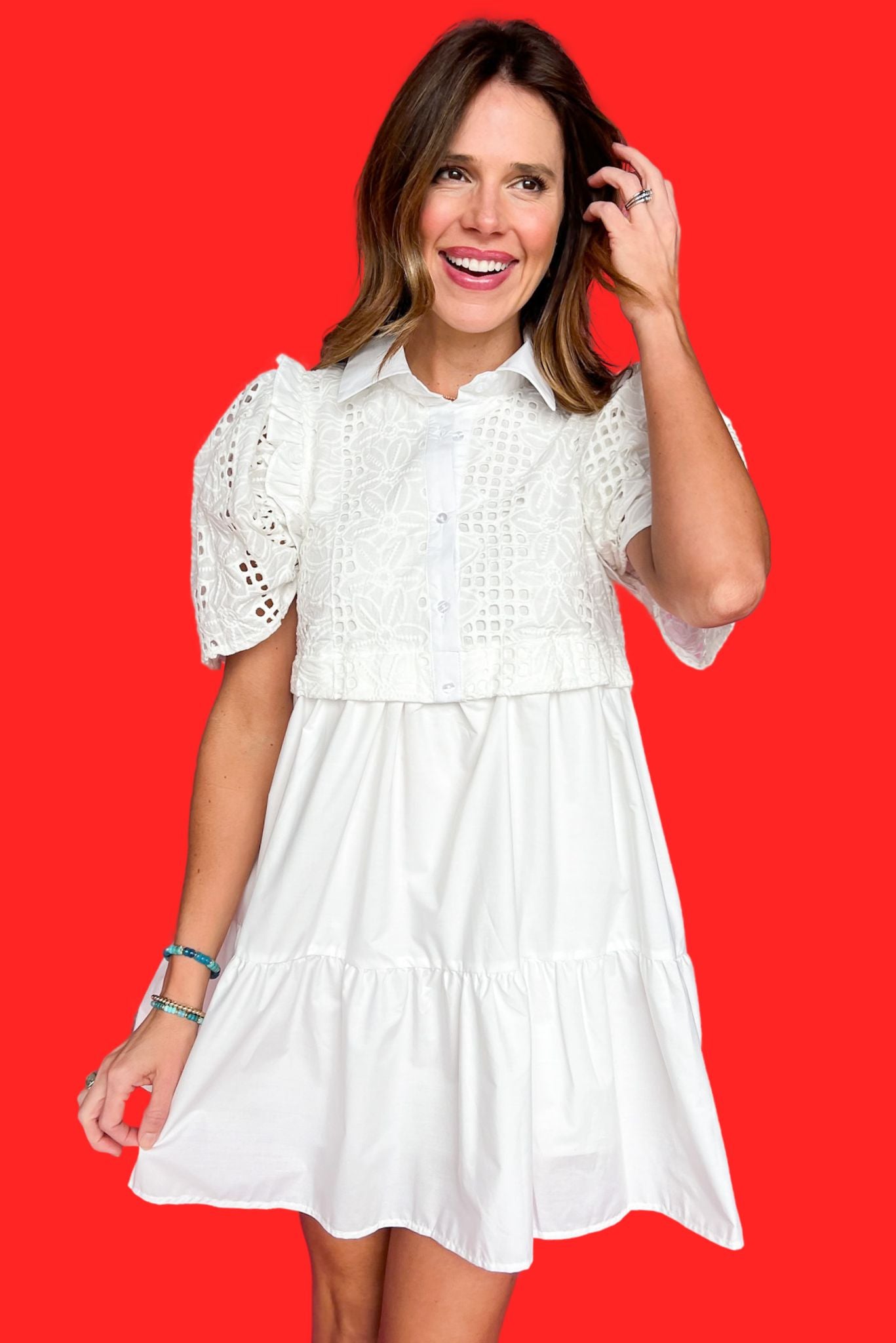 White Lace Overlay Collared Half Button Front Tiered Dress, dress, short sleeve dress, bubble sleeve dress, lace dress, white lace dress, tiered dress, half button up dress, collared dress, must have dress, elevated dress, elevated style, summer dress, summer style, Shop Style Your Senses by Mallory Fitzsimmons, SSYS by Mallory Fitzsimmons