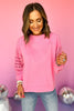 Pink Crochet Sleeve Detail Sweatshirt, pink sweatshirt, transition piece, crotchet sweatshirt, sleeve detail, mom style, elevated style, shop style your senses by mallory fitzsimmons