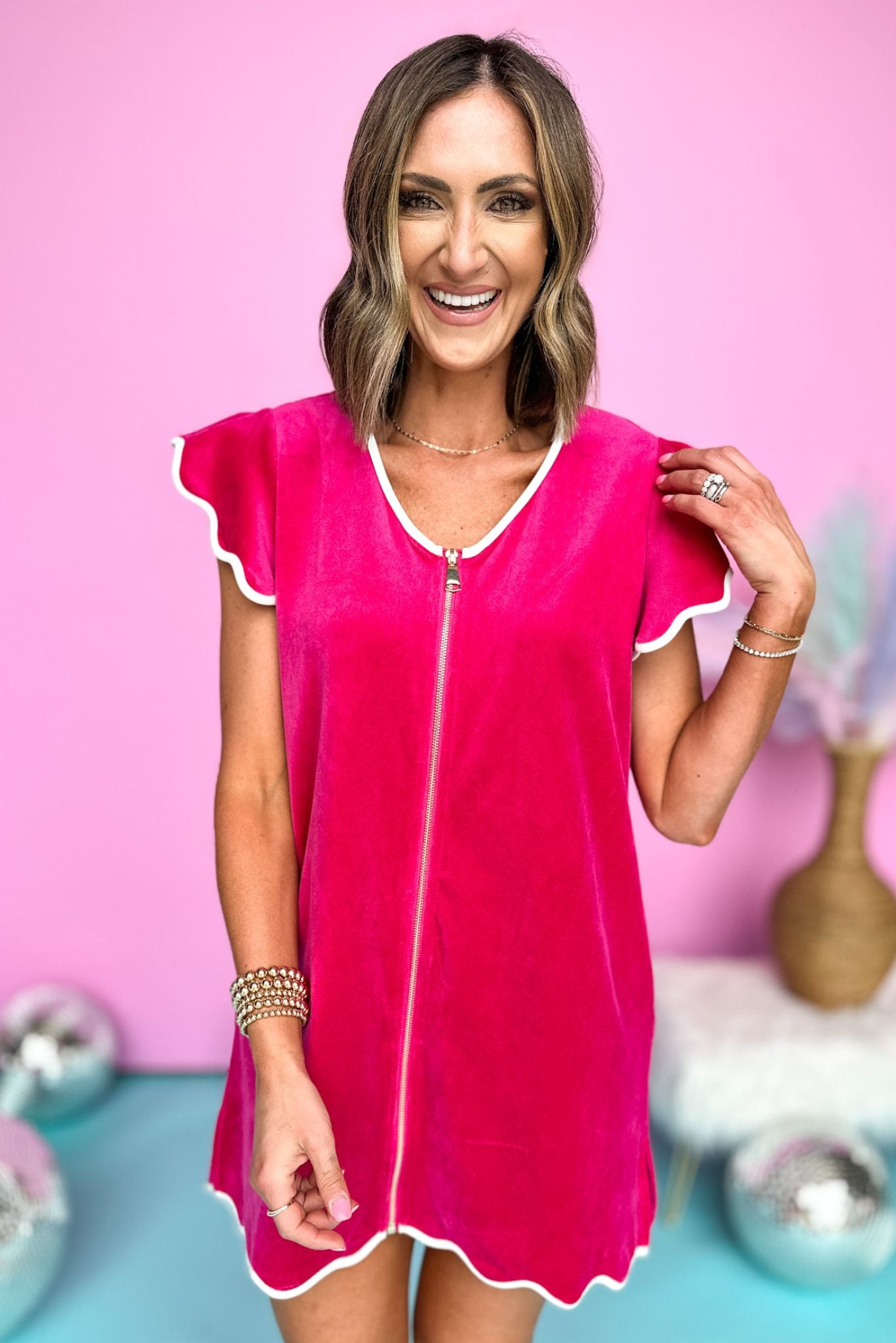 SSYS Hot Pink Get Ready Robe™, scallop sleeve, ruffle sleeve, everyday wear, gold zipper, mom style, white trim, robe, shop style your senses by mallory fitzsimmons