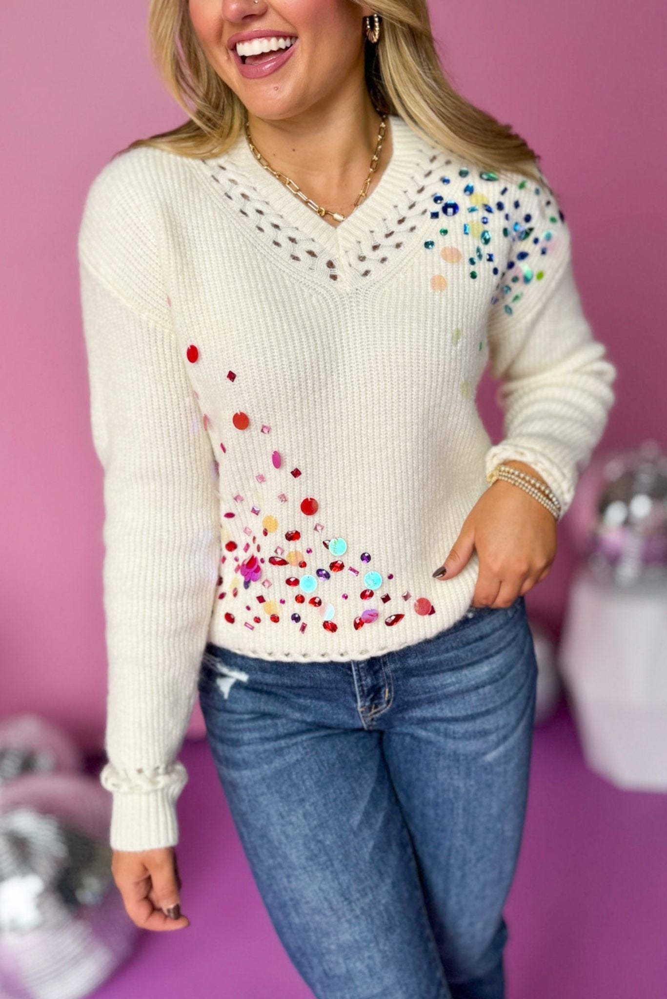 Cream Jewel Embellished V Neck Sweater, must have sweater, must have style, fall style, fall fashion, elevated style, elevated dress, mom style, fall collection, fall sweater, shop style your senses by mallory fitzsimmons