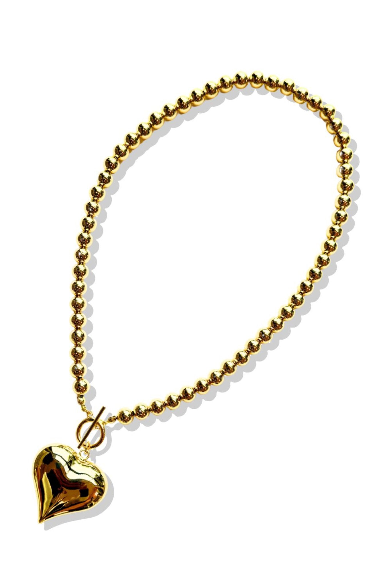 Gold Bead Puffy Heart Long Necklace