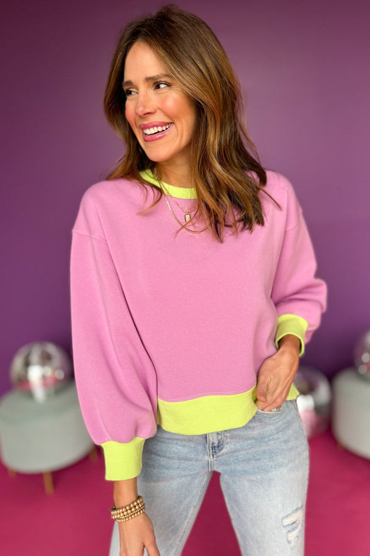  SSYS The Sloan Colorblock Bubble Sleeve Sweatshirt In Lilac, SSYS the label, must have sweatshirt, colorblock sweatshirt, elevated style, elevated sweatshirt, must have style, casual style, mom style, shop style your senses by mallory fitzsimmons