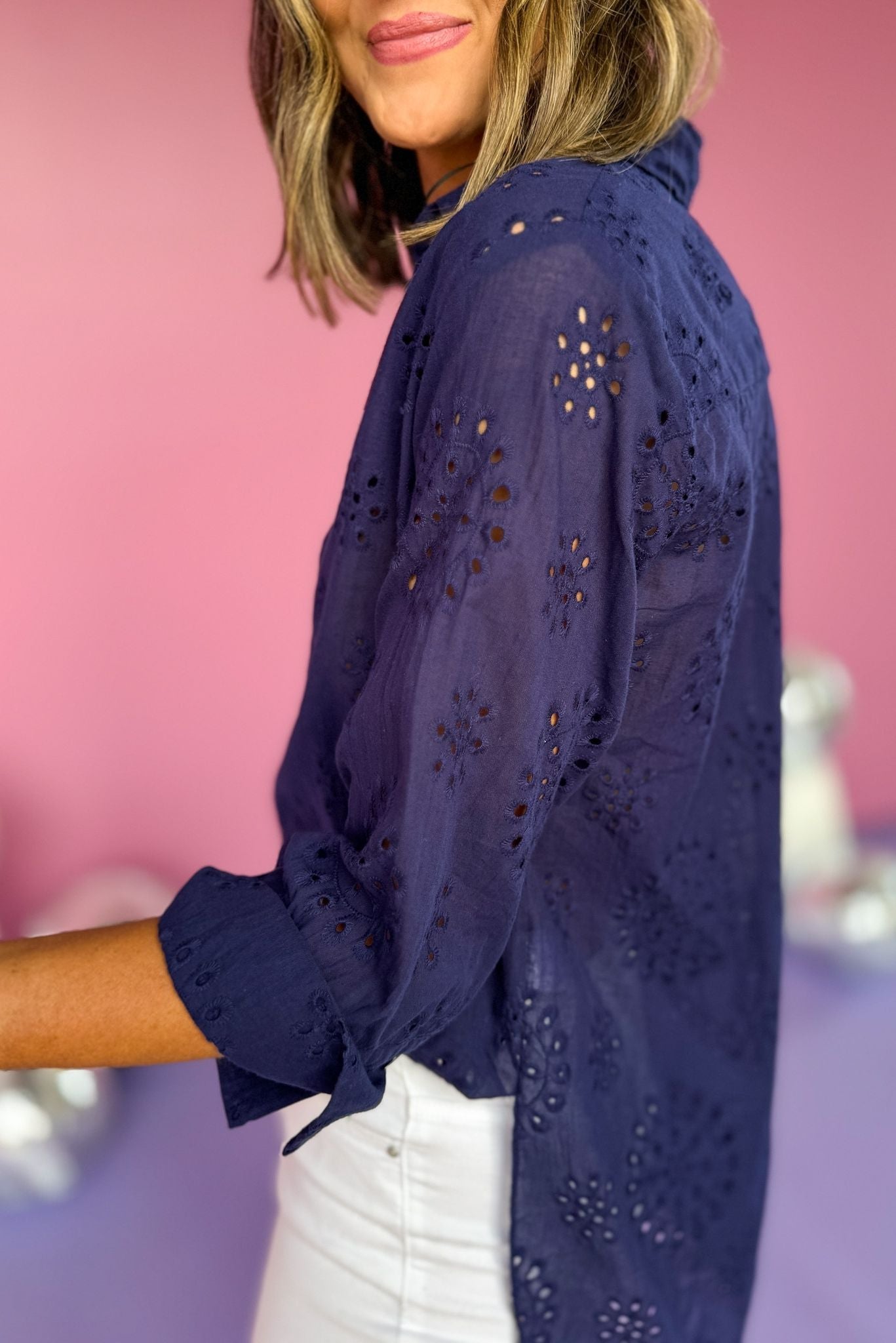 Navy Eyelet Button Front Long Sleeve Top, eyelet top, navy top, must have top, must have style, office style, spring fashion, elevated style, elevated top, mom style, work top, shop style your senses by mallory fitzsimmons, ssys by mallory fitzsimmons