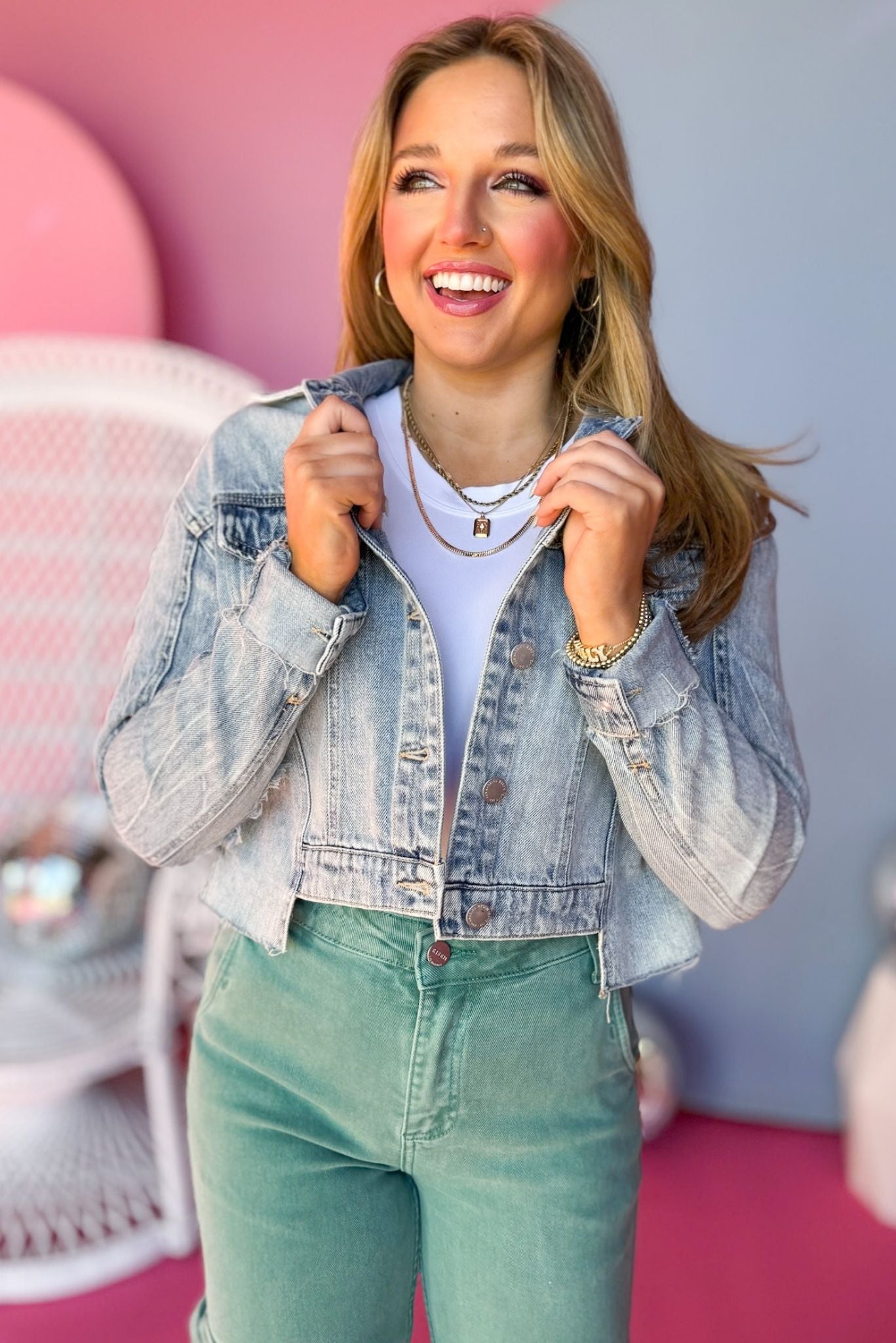 Risen Light Blue Step Hem Denim Jacket, must have jacket, denim jacket, elevated denim jacket, mom style, casual style, spring fashion, shop style your senses by mallory fitzsimmons