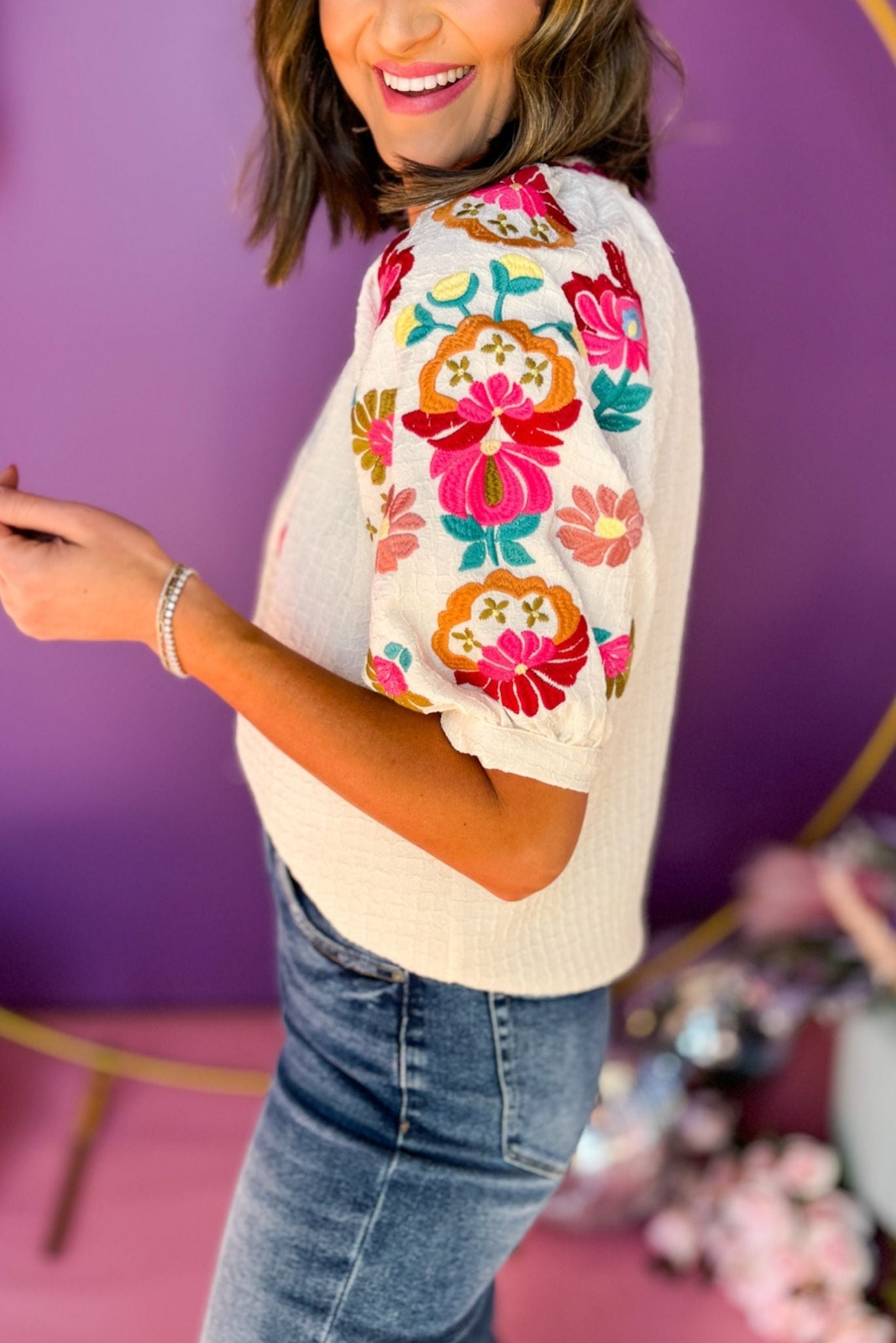 THML Cream Embroidered Puff Sleeve Textured Top, embroidered top, floral top, thml top, elevated top, must have top, spring fashion, spring style, spring top, mom style, shop style your senses by mallory fitzsimmons