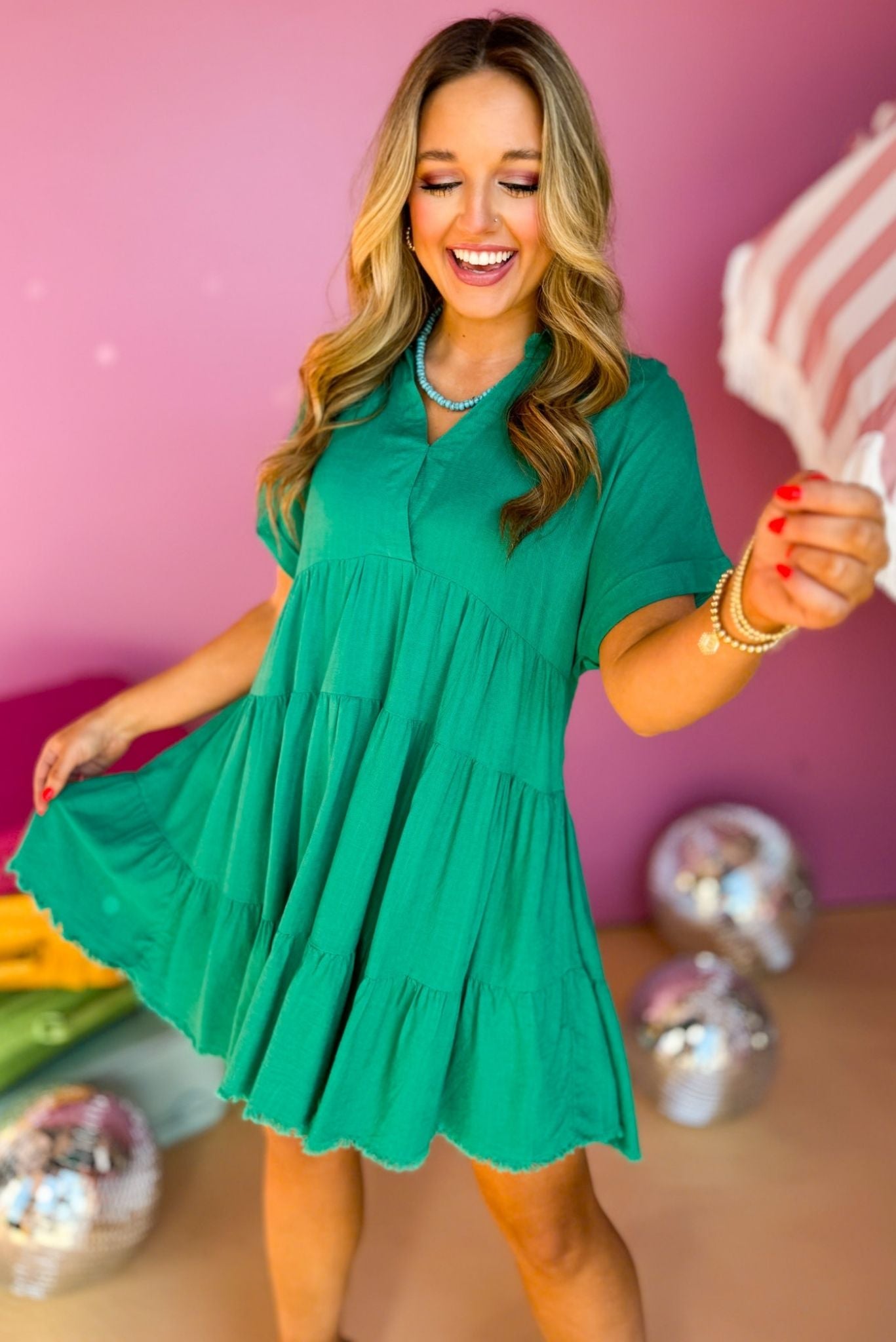 Green V Neck Collared Tiered Frayed Hem Short Sleeve Dress, must have dress, vacation dress, summer dress, elevated dress, summer style, vacation style, Cabo collection shop style your senses by mallory fitzsimmons