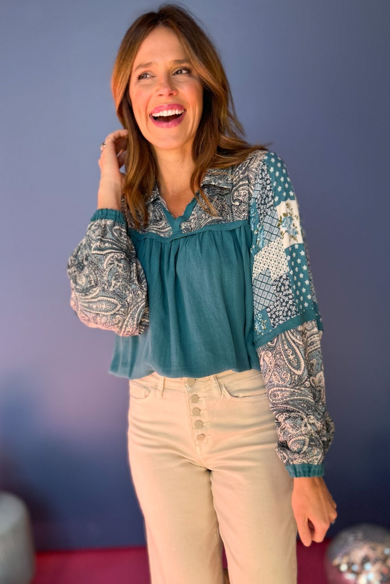 Teal Paisley Printed Mixed Media Long Sleeve Top, must have top, elevated top, printed top, office wear, mom style, must have print, elevated look, shop style your senses by mallory fitzsimmons