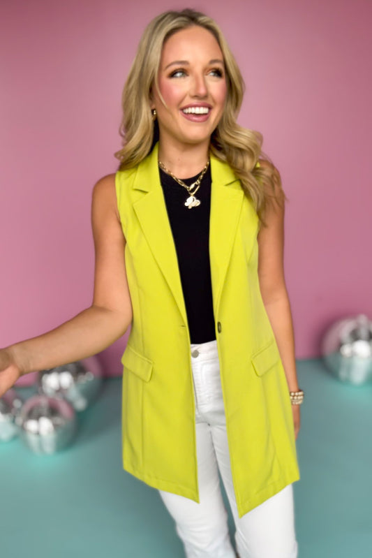  Chartreuse Notched Collar Sleeveless Longline Blazer Vest, must have vest, elevated vest, summer style, spring fashion, elevated style, elevated top, mom style, shop style your senses by mallory fitzsimmons, ssys by mallory fitzsimmons