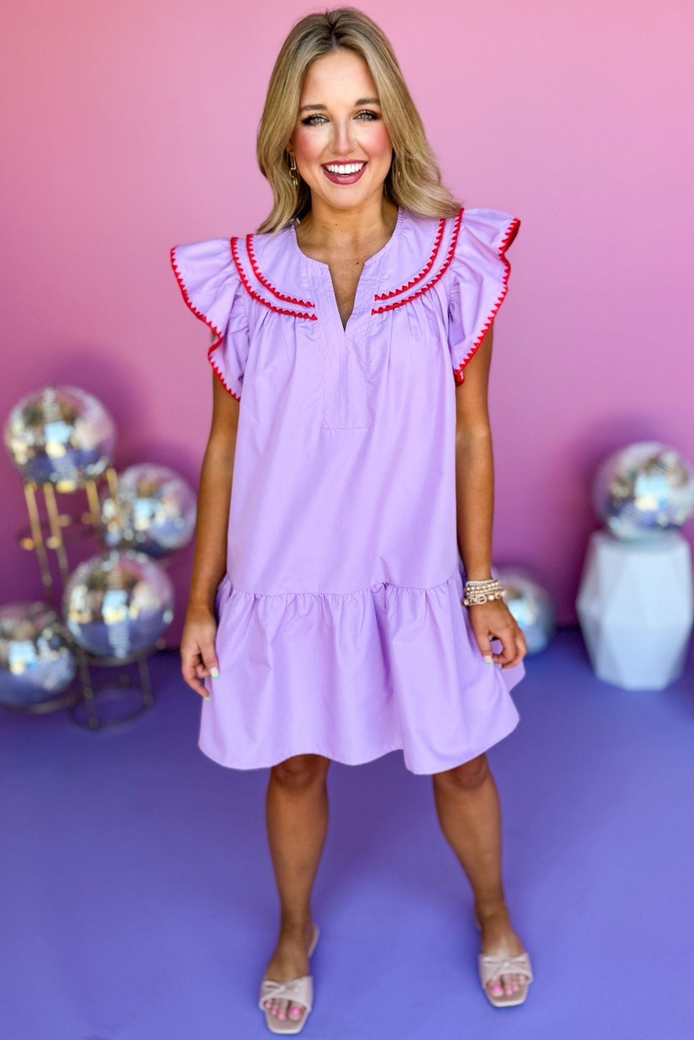 Lilac V Neck Inset Flutter Sleeve Contrast Embroidered Detail Dress, embroidered dress, easter dress, must have dress, must have style, weekend style, spring fashion, elevated style, elevated style, mom style, shop style your senses by mallory fitzsimmons, ssys by mallory fitzsimmons