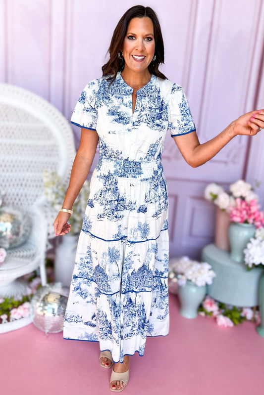  Blue Print Balloon Short Sleeve Split Neck Smocked Waist Tiered Dress, Floral dress, spring dress, church dress, mini dress, spring style, church style, elevated style, mom style, shop style your senses by mallory fitzsimmons, ssys by mallory fitzsimmons