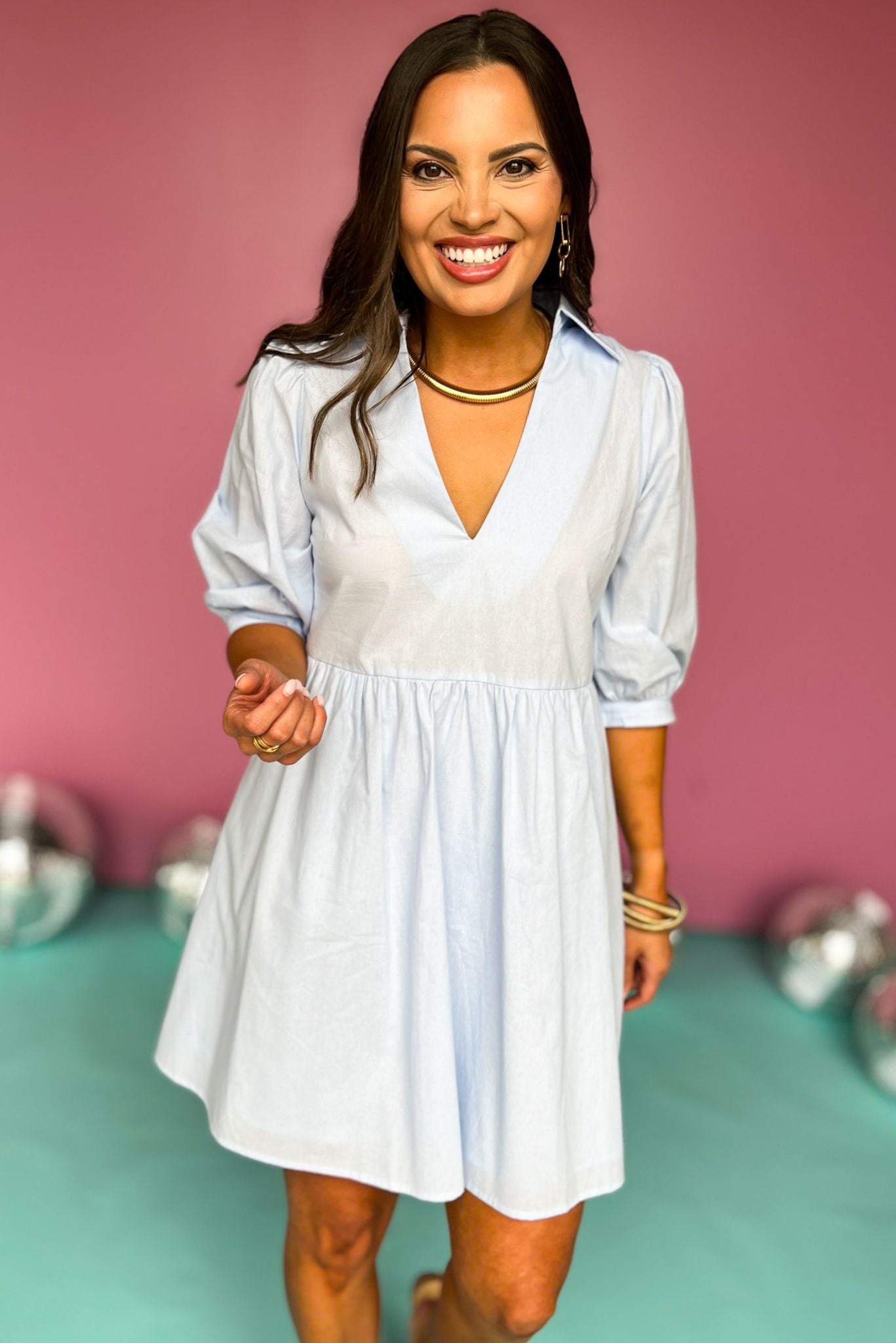 Blue Collared V Neck Babydoll Dress SSYS Blue Collared V Neck Babydoll Dress SSYS