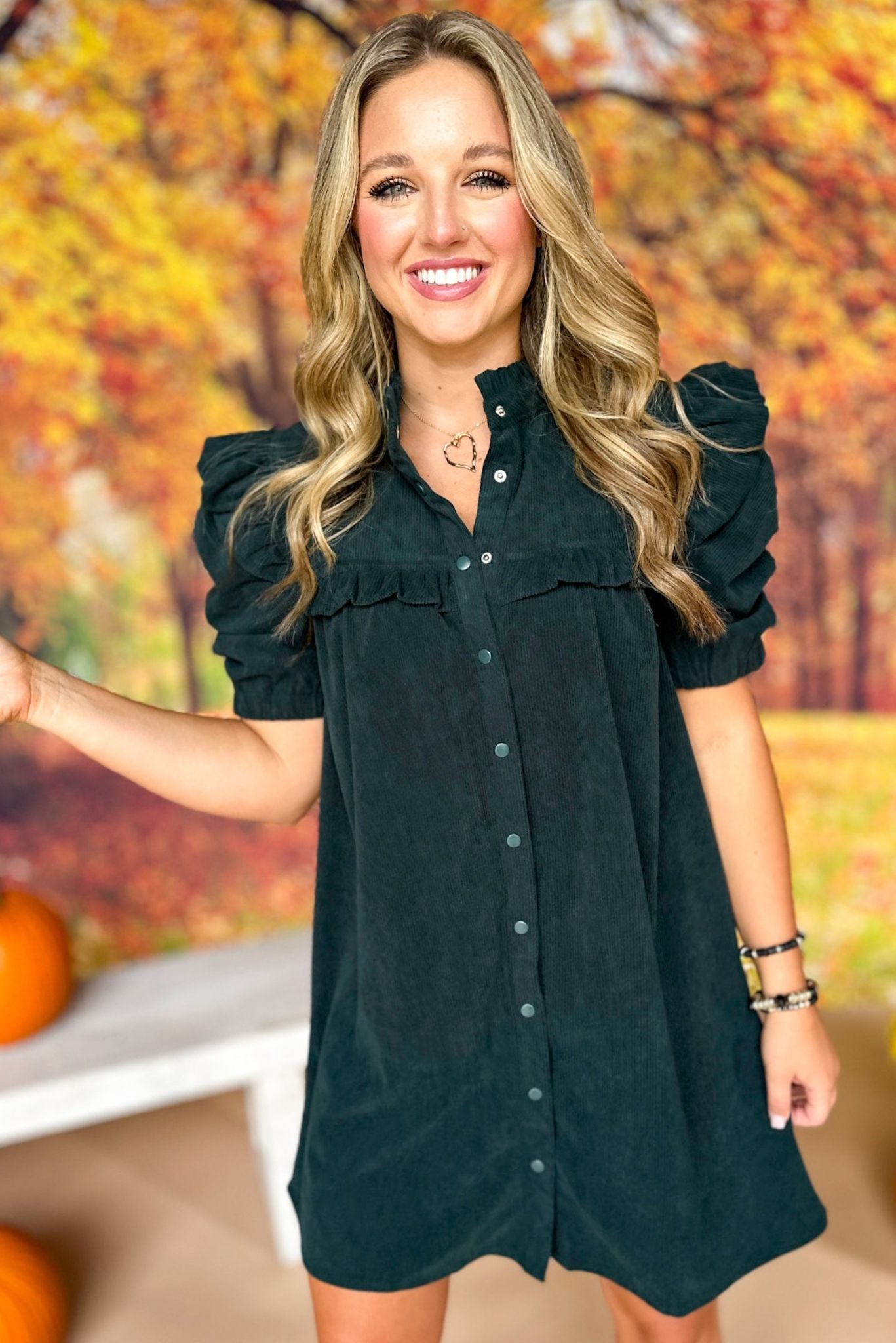 Hunter Green Button Front Flutter Puff Sleeve Dress, must have dress, must have style, fall style, fall fashion, elevated style, elevated dress, mom style, fall collection, fall dress, shop style your senses by mallory fitzsimmons