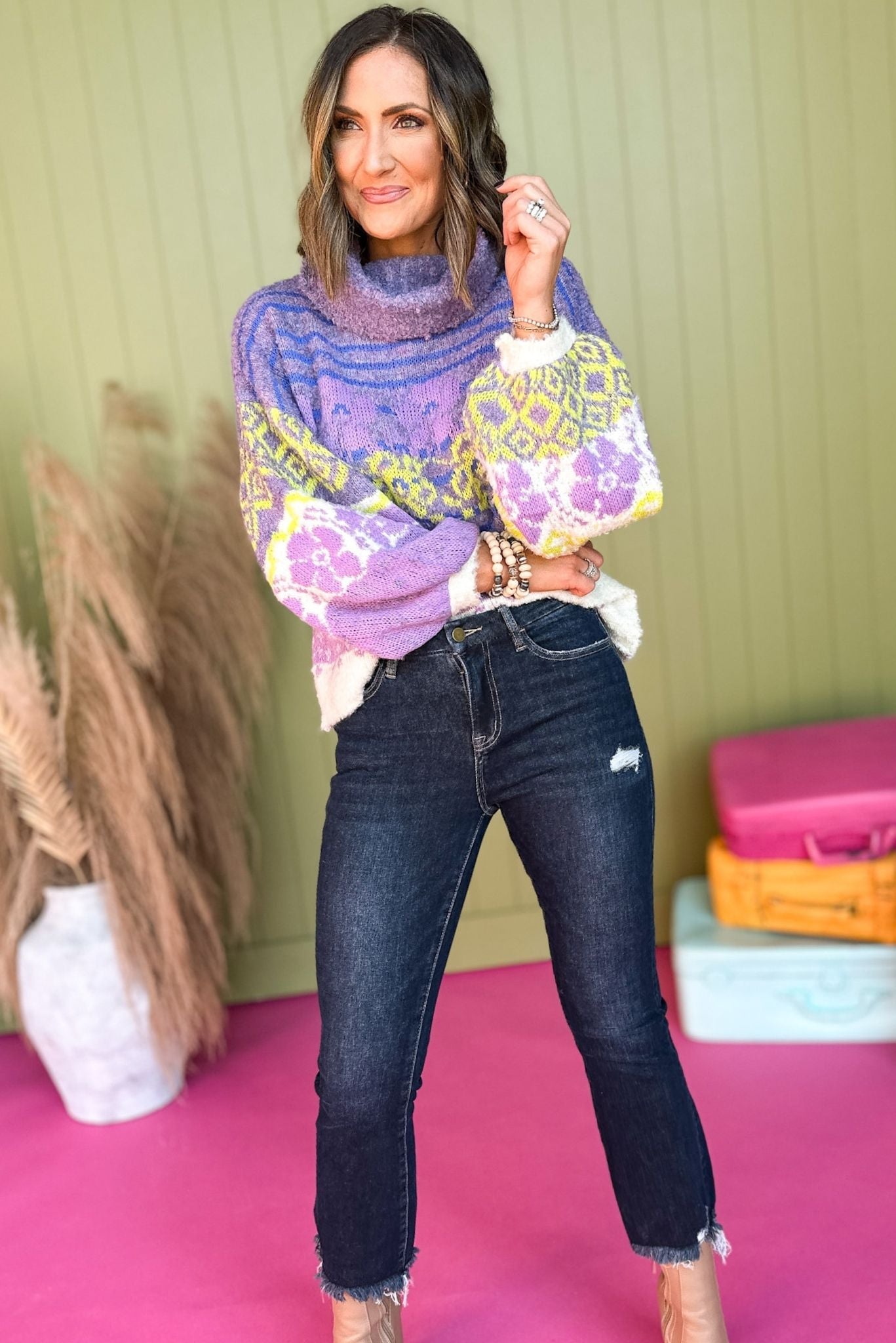 Purple Floral Printed Turtle Neck Fuzzy Sweater, must have sweater, must have style, must have fall, fall collection, fall fashion, elevated style, elevated sweater, mom style, fall style, shop style your senses by mallory fitzsimmons