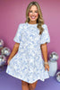  Blue Round Neck Short Bubble Sleeve High Low Ruffle Skirt Dress, Floral dress, spring dress, church dress, spring style, church style, elevated style, mom style, shop style your senses by mallory fitzsimmons, ssys by mallory fitzsimmons