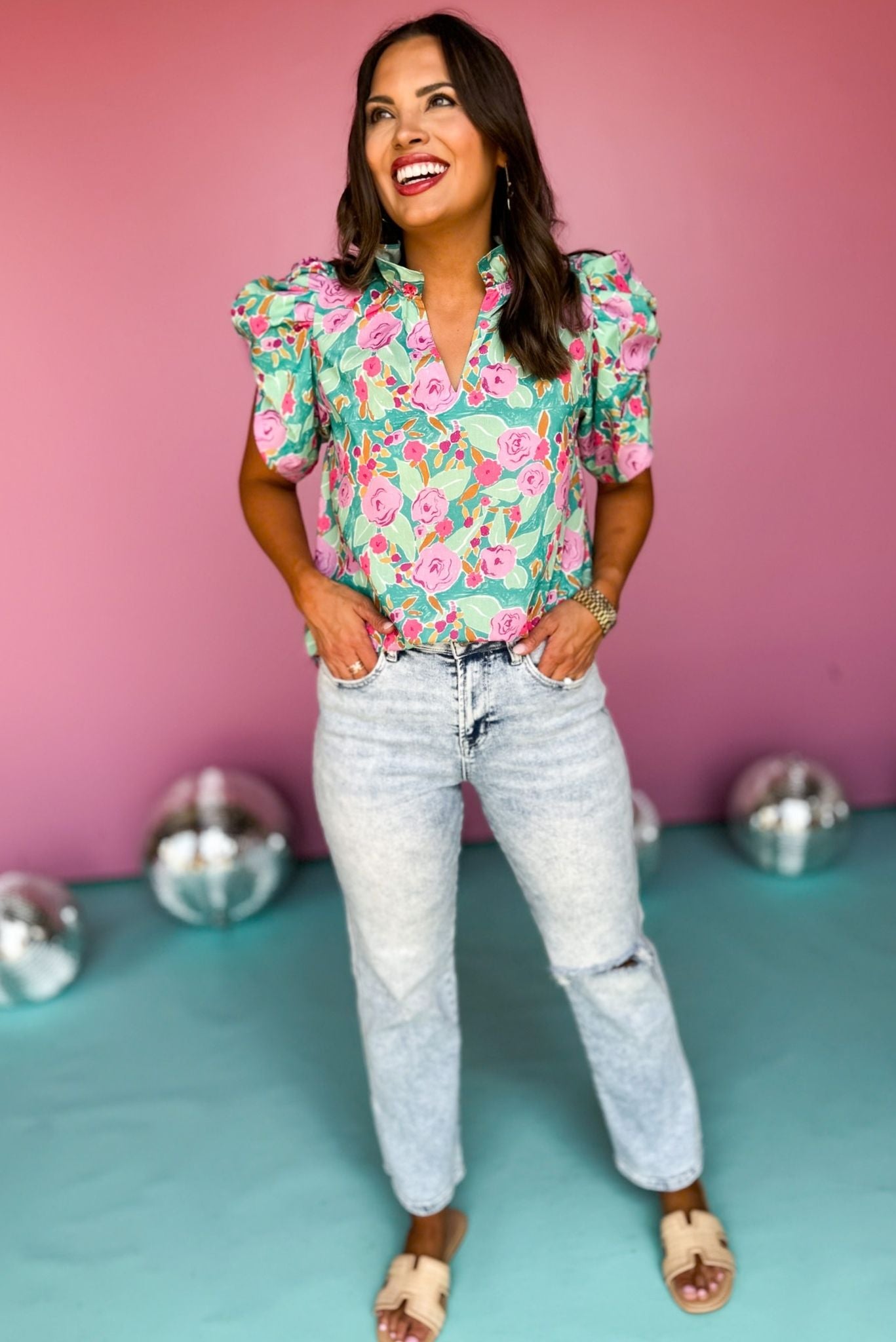 THML Aqua Multi Floral Print Frill Split Neck Ruched Short Sleeve Top, floral top, printed top, must have top, basic top, elevated basics, must have basic, elevated top, mom style, warm fashion, shop style your senses by mallory fitzsimmons, ssys by Mallory Fitzsimmons  Edit alt text