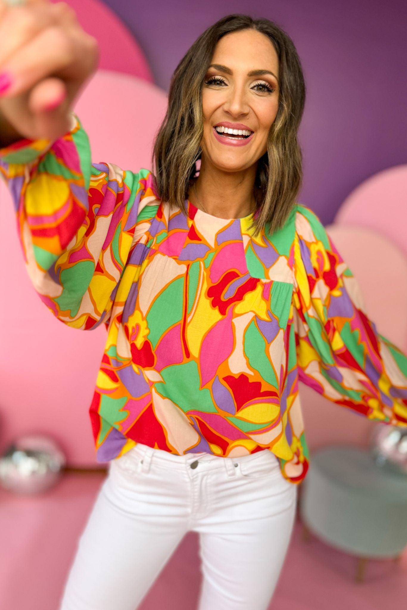 Pink Multi Abstract Crew Neck Button Cuff Top, printed top, bright top, must have top, must have style, office style, spring fashion, elevated style, elevated top, mom style, work top, shop style your senses by mallory fitzsimmons, ssys by mallory fitzsimmons