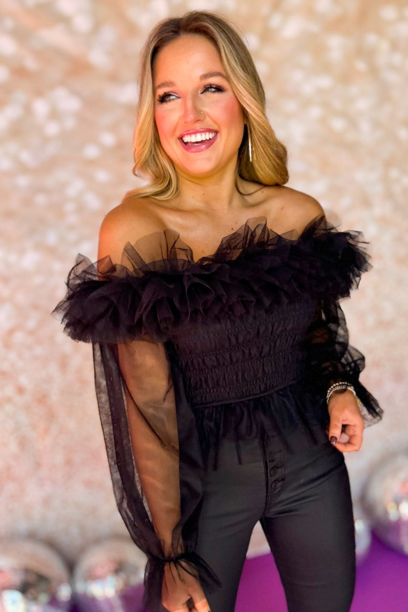 Black Off The Shoulder Organza Top, off the shoulder, nye outfit, glam, party outfit, smocked bodice, shop style your senses by mallory fitzsimmons