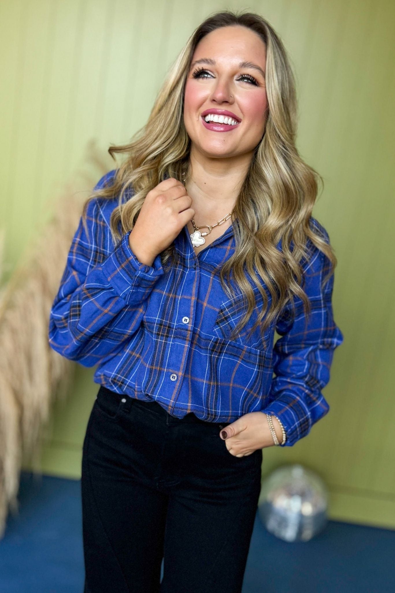 Royal Blue Plaid Long Sleeve Button Down Flannel, must have top, must have style, fall style, fall fashion, elevated style, elevated top, mom style, fall collection, fall top, shop style your senses by mallory fitzsimmons