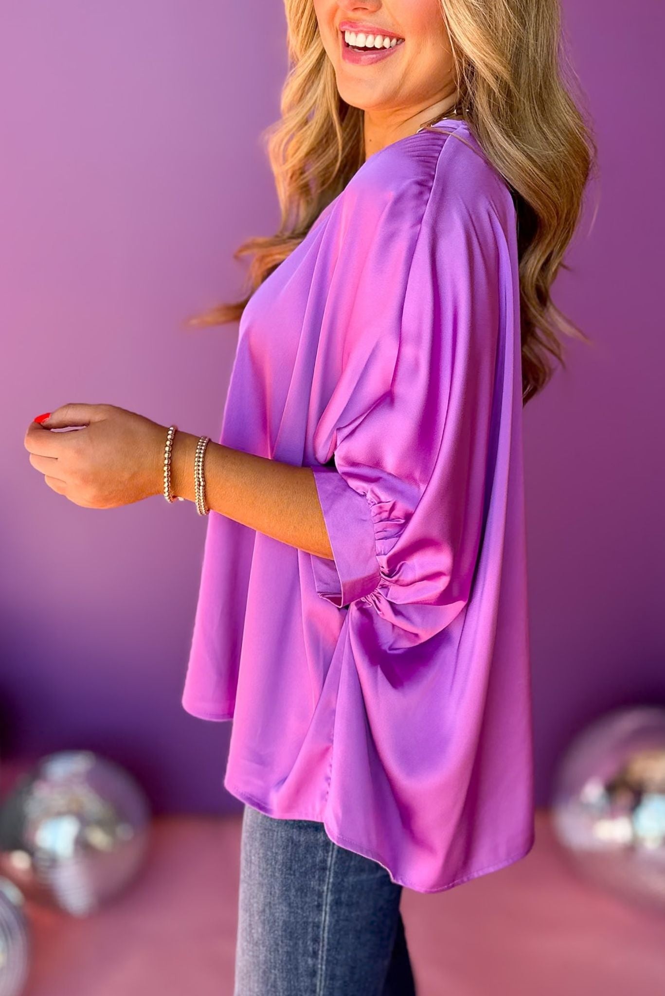 Violet Satin V Neck Half Sleeve Top, must have top, must have style, office style, winter fashion, elevated style, elevated top, mom style, work top, shop style your senses by mallory fitzsimmons