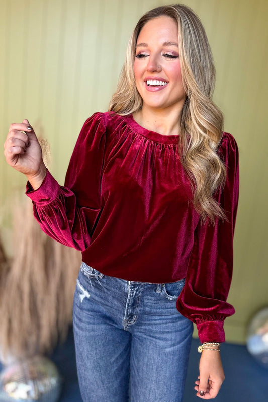  Burgundy Velvet Long Peasant Sleeve Top *FINAL SALE* *Final Sale*, must have top, must have style, must have velvet, fall collection, fall fashion, elevated style, elevated top, mom style, fall style, shop style your senses by mallory fitzsimmons