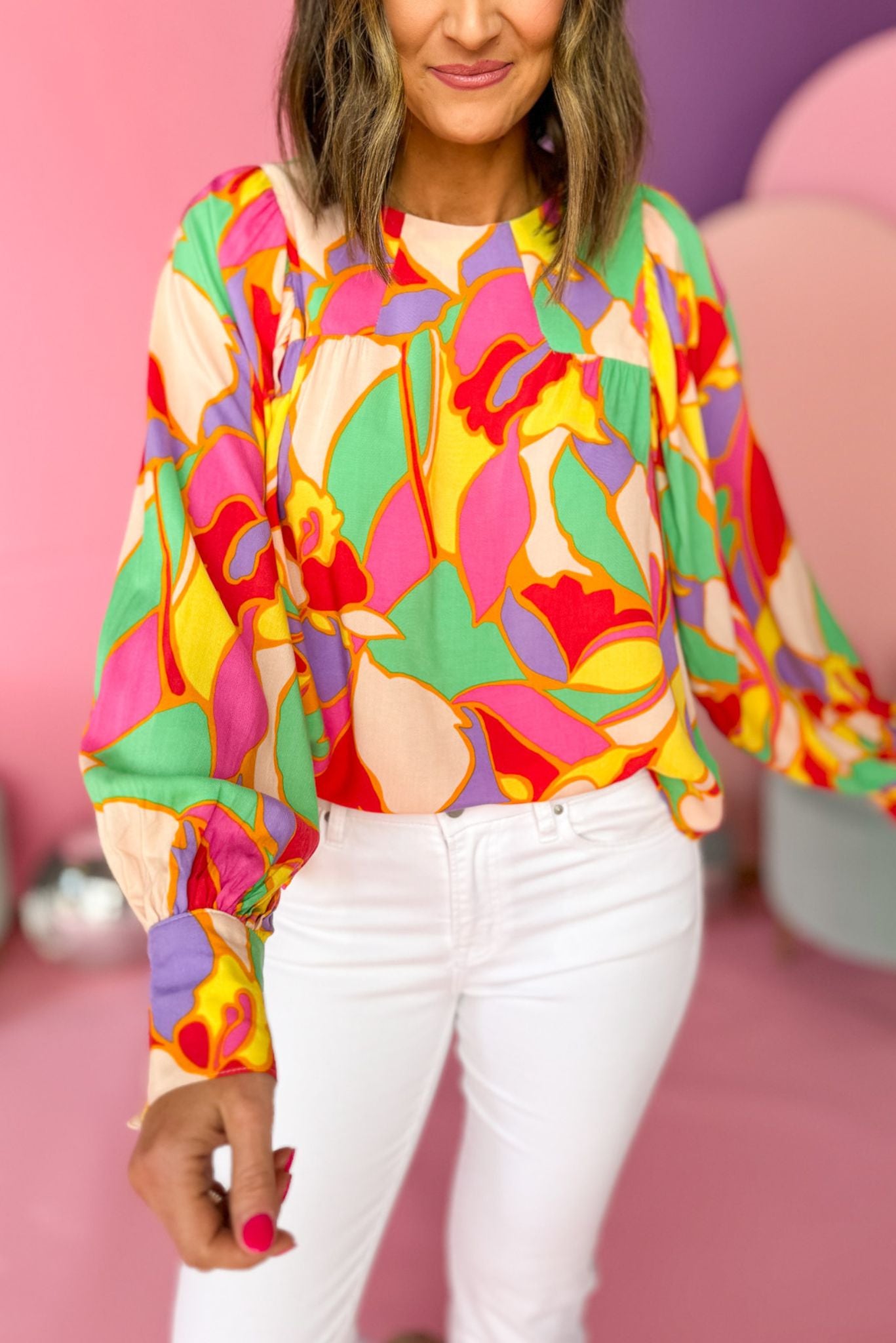 Pink Multi Abstract Crew Neck Button Cuff Top, printed top, bright top, must have top, must have style, office style, spring fashion, elevated style, elevated top, mom style, work top, shop style your senses by mallory fitzsimmons, ssys by mallory fitzsimmons