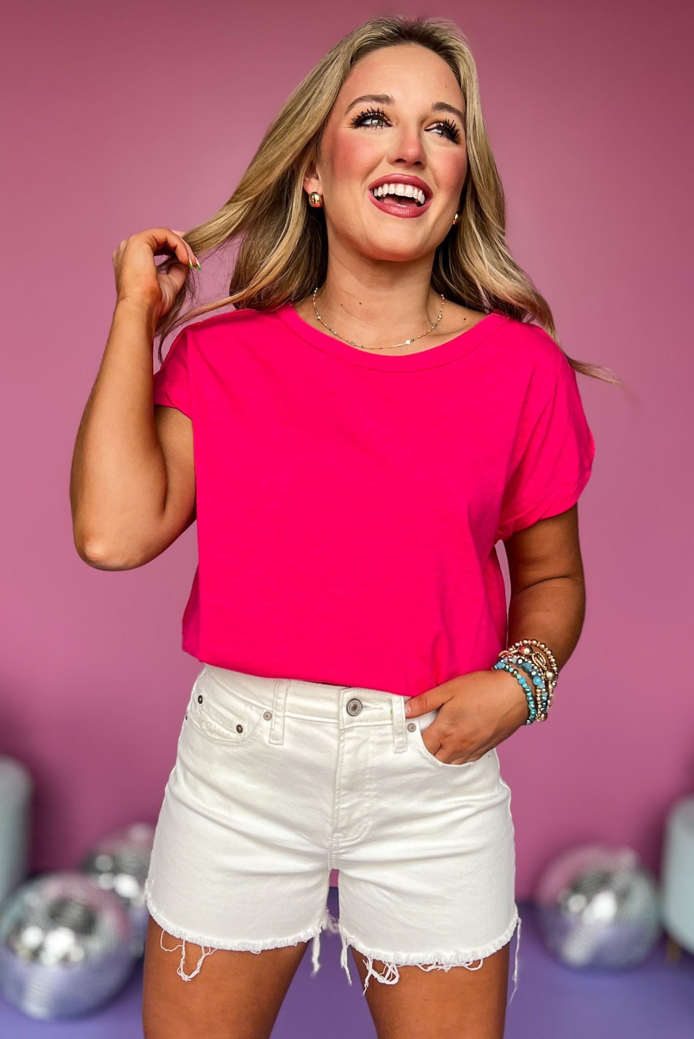 Pink Round Neck Twist Band Sleeve Raw Edge T Shirt, must have top, basic top, elevated basics, must have basic, elevated top, mom style, warm fashion, shop style your senses by mallory fitzsimmons, ssys by Mallory Fitzsimmons