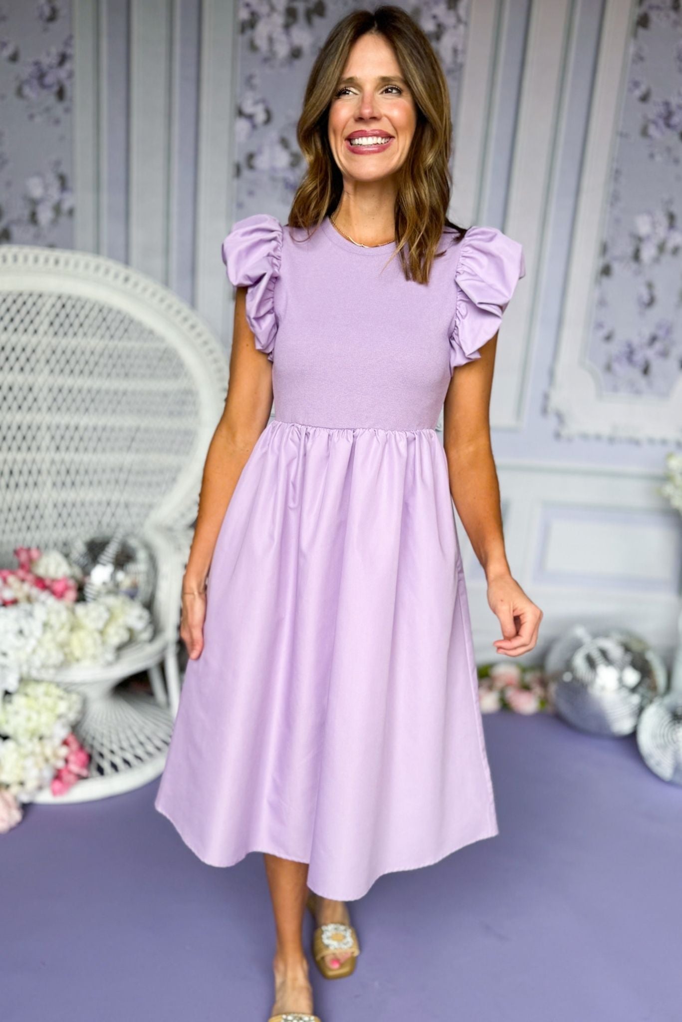 Lilac Dropped Waist Ruffle Shoulder Midi Dress *FINAL SALE* SSYS Lilac Dropped Waist Ruffle Shoulder Midi Dress *FINAL SALE* SSYS