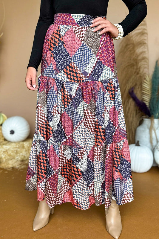  Rust Patchwork Printed Tiered Maxi Skirt, must have skirt, must have style, elevated style, elevated skirt, fall style, fall fashion, fall skirt, mom style, fall collection, shop style your senses by mallory fitzsimmons