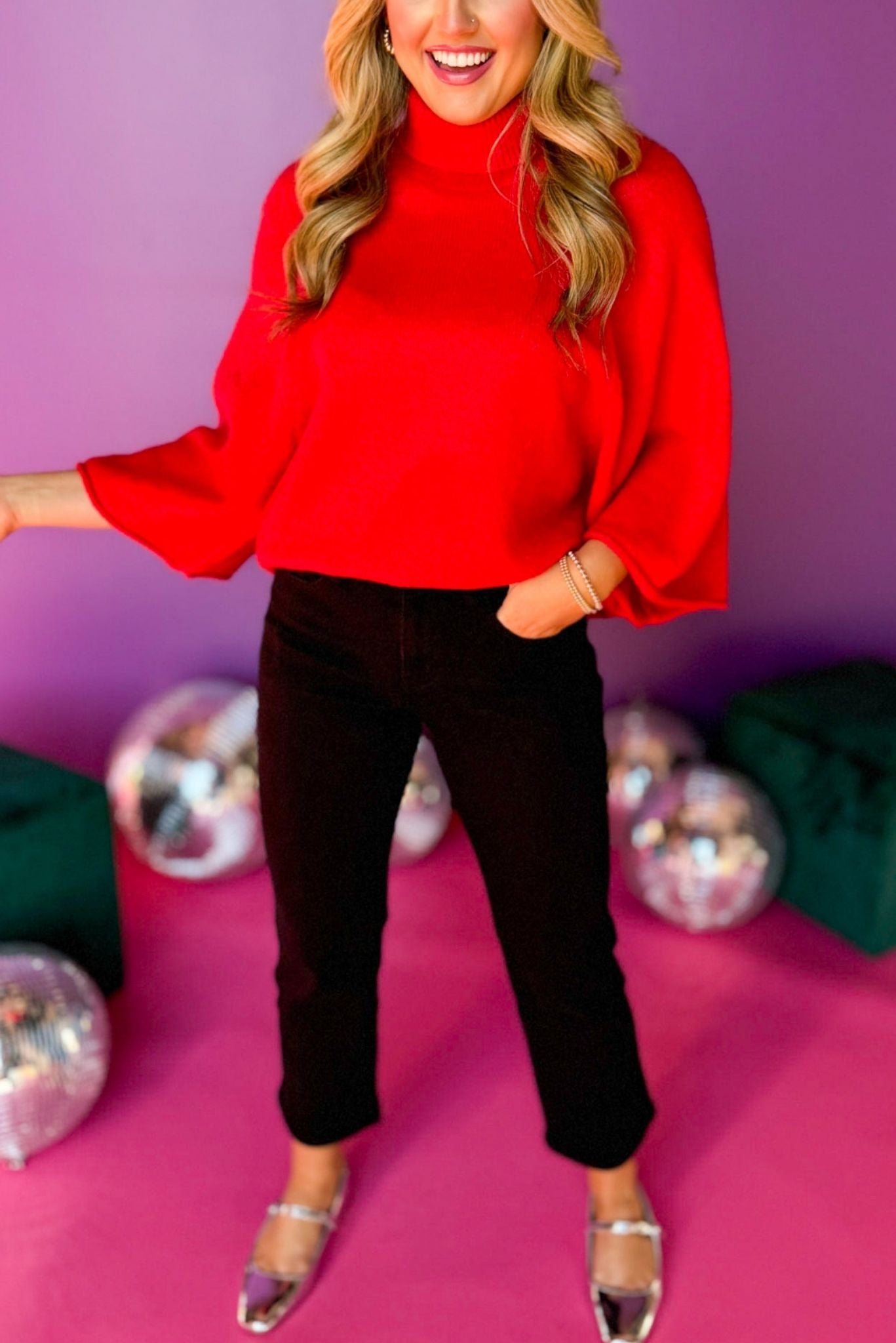 Red 3/4 Dolman Sleeve Turtleneck Pullover Top, must have top, must have style, winter style, winter fashion, elevated style, elevated top, mom style, winter top, shop style your senses by mallory fitzsimmons