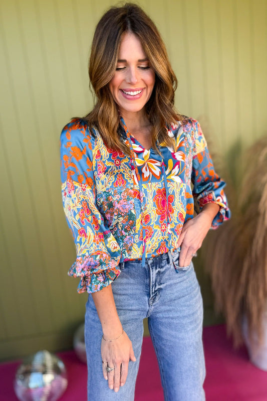  Teal Floral Printed Satin Tie Neck Long Sleeve Top, printed top, mixed print top, must have top, must have style, brunch style, summer style, spring fashion, elevated style, elevated top, mom style, shop style your senses by mallory fitzsimmons, ssys by mallory fitzsimmons