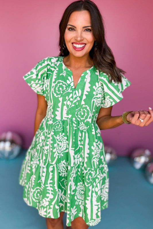 Green Slit Neck Bell Short Sleeve Wide Flounce Hem Dress, green dress, printed dress, must have dress, must have style, weekend style, brunch style, spring fashion, elevated style, elevated style, mom style, shop style your senses by mallory fitzsimmons, ssys by mallory fitzsimmons