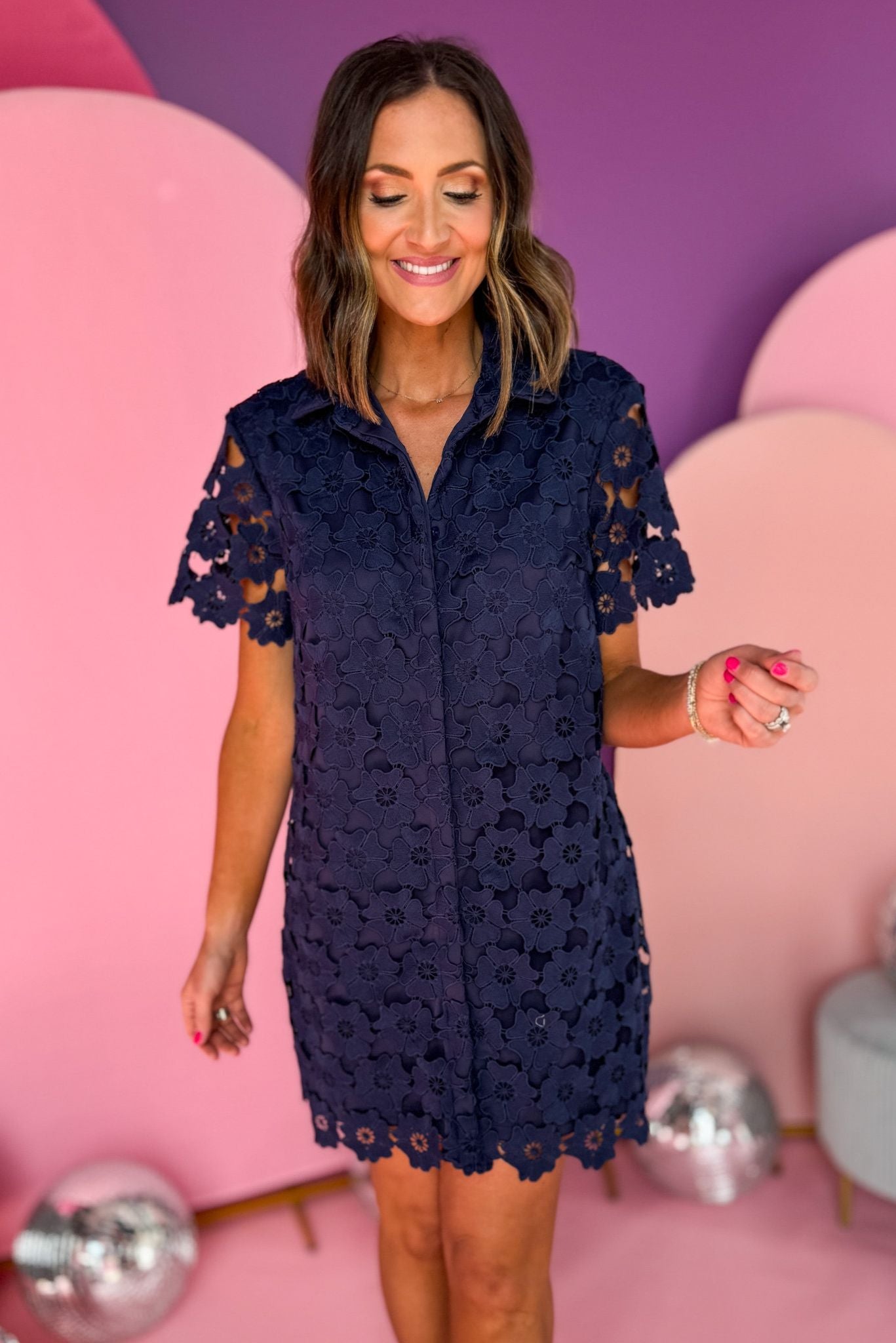 Navy Collared Button Down Floral Crochet Lace Dress