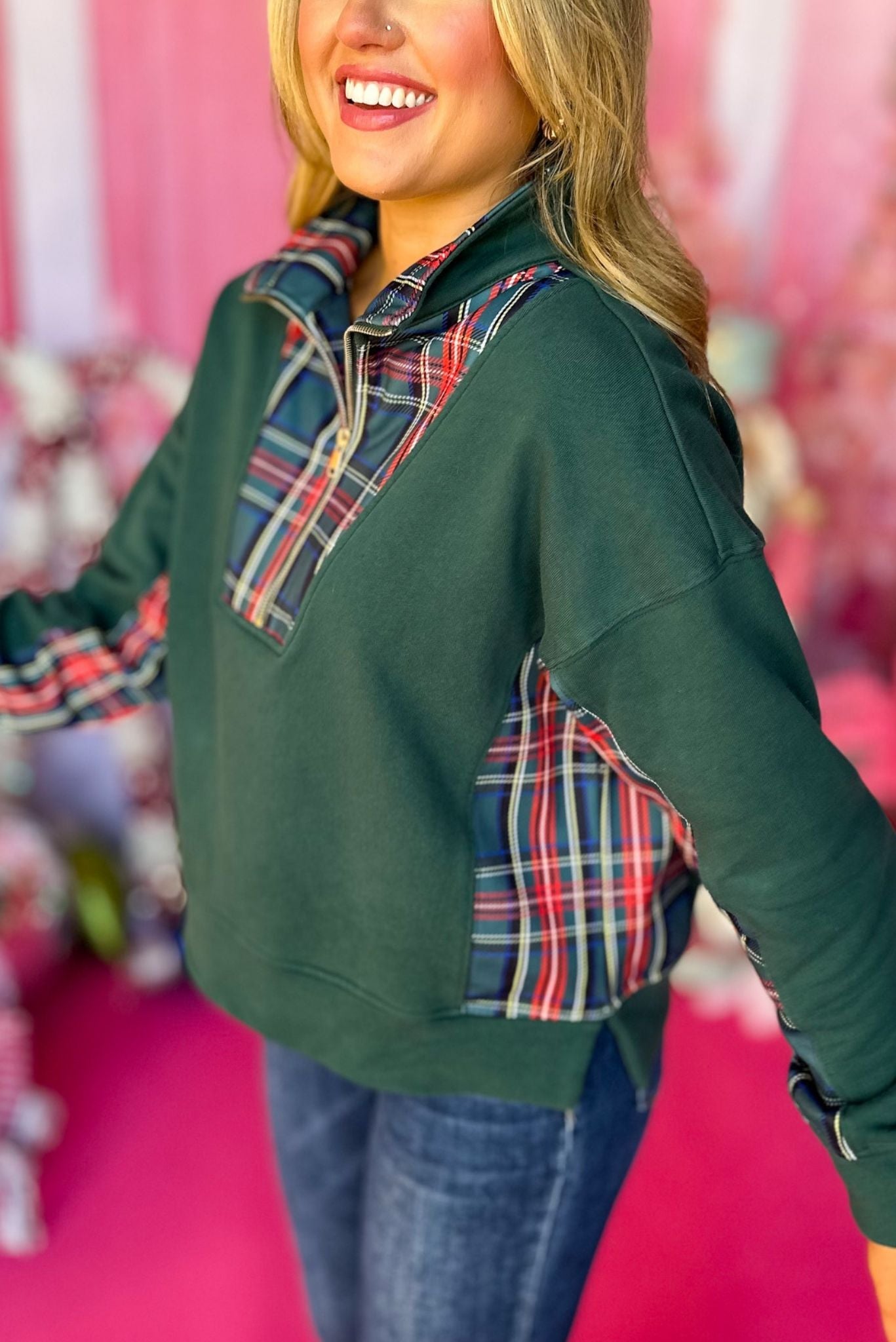 SSYS The Willow Pullover In Hunter Tartan Plaid, must have pullover, must have style, comfy style, holiday style, holiday fashion, affordable fashion, elevated pullover, elevated style, mom style, must have basic, elevated basic, shop style your senses by mallory fitzsimmons