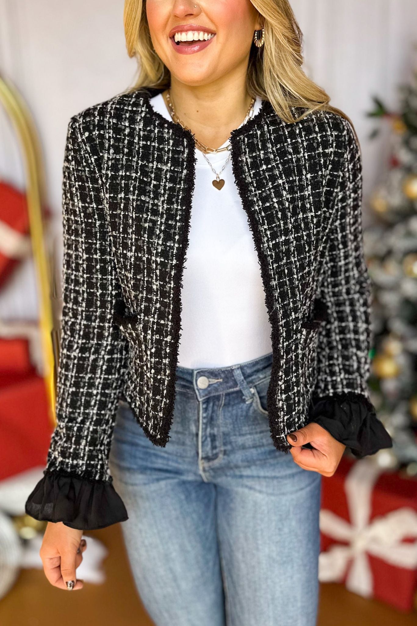 Black Tweed Jacket, must have jacket, must have style, fall style, fall fashion, elevated style, elevated jacket, mom style, fall collection, fall dress, shop style your senses by mallory fitzsimmons
