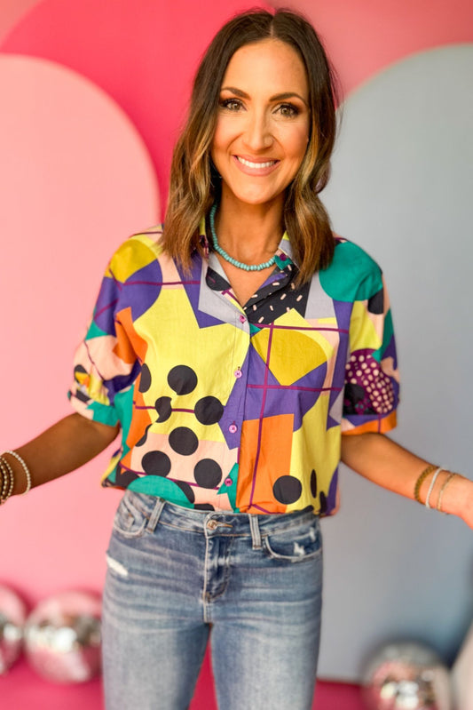 Purple Multi Abstract Collared Button Up Short Sleeve Top, printed top, must have top, must have style, office style, spring fashion, elevated style, elevated top, mom style, work top, shop style your senses by mallory fitzsimmons