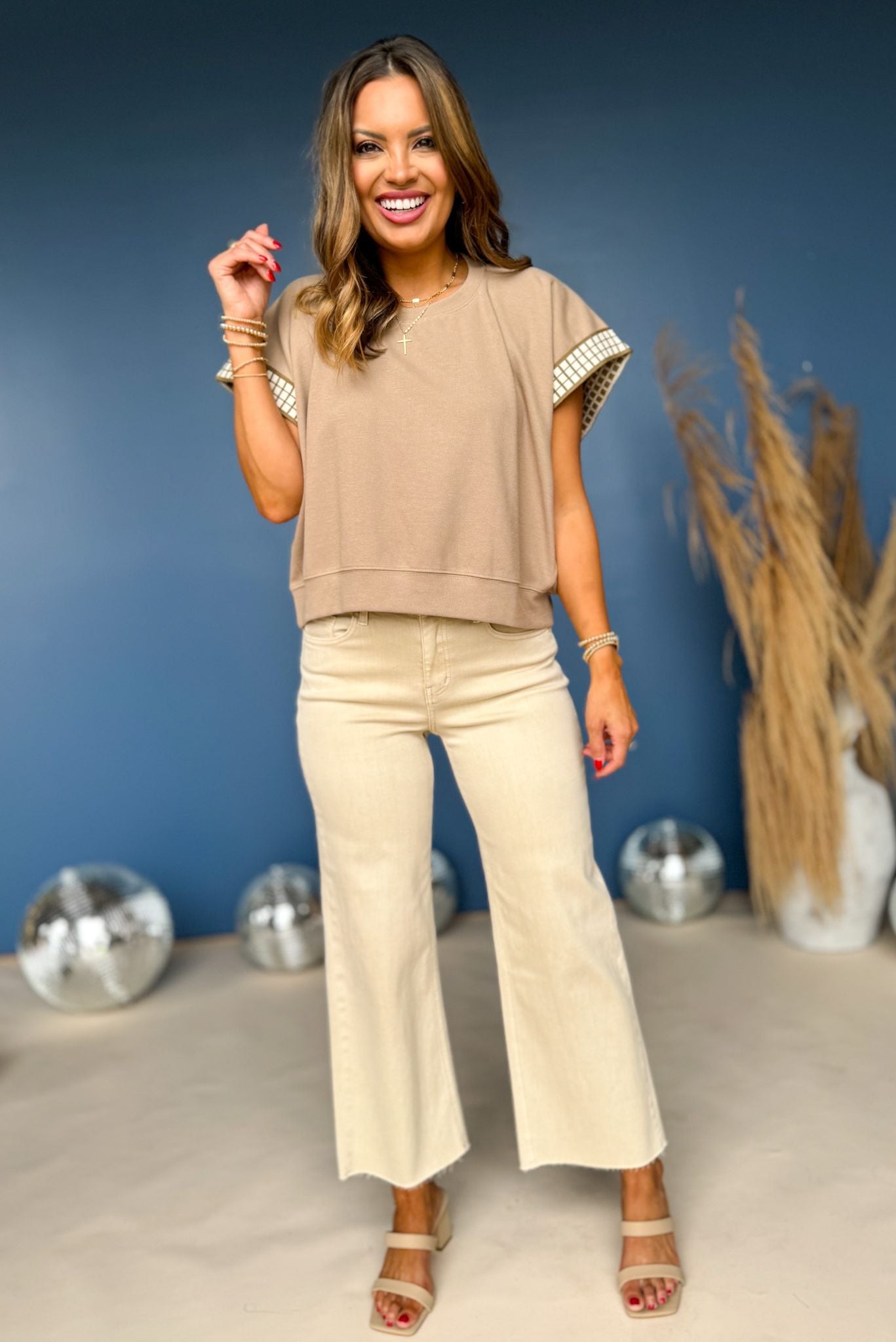 Taupe Contrast Print Trim Short Sleeve Knit Top, top, short sleeve top, knit top, short sleeve knit top, print trim sleeve, must have top, elevated top, elevated style, summer top, summer style, Shop Style Your Senses by Mallory Fitzsimmons, SSYS by Mallory Fitzsimmons