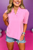 SSYS The Savannah Ruffle Collar 3/4 Sleeve Top In Light Pink, ssys the label, ssys top, savannah top, must have top, ruffle neck top, elevated top, mom style, spring style, summer style, shop style your senses by Mallory Fitzsimmons, ssys by Mallory Fitzsimmons  Edit alt text