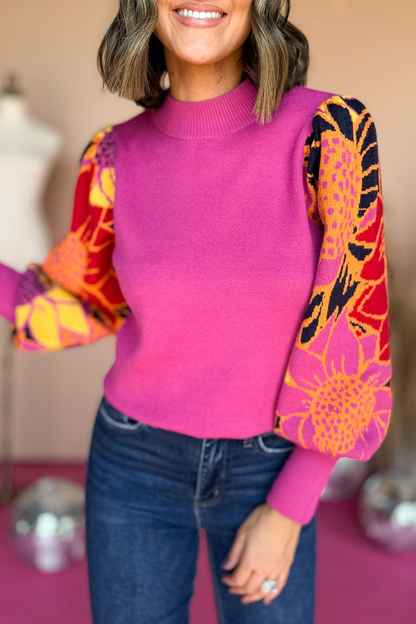 Pink Flower Printed Peasant Sleeve Pullover, elevated style, elevated sweater, floral sweater, floral print, statement sleeve, fall style, fall fashion, fall sweater, mom style, shop style your senses by mallory fitzsimmons