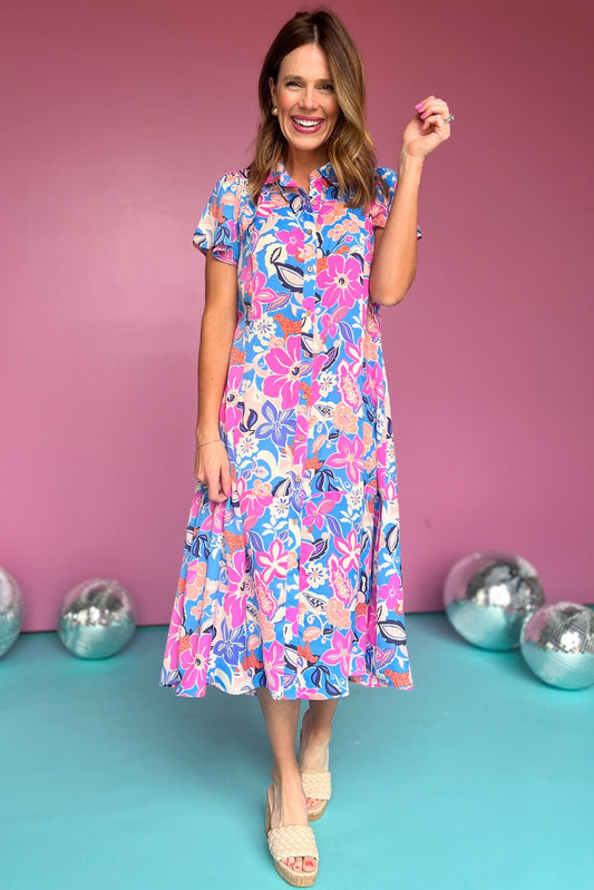  Blue Multi Floral Collared Short Sleeve Button Down Shirt Dress, printed dress, midi dress, must have dress, must have style, weekend style, brunch style, spring fashion, elevated style, elevated style, mom style, shop style your senses by mallory fitzsimmons, ssys by mallory fitzsimmons