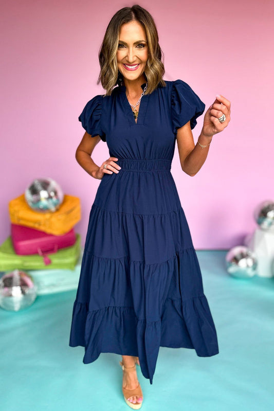 Navy Split Neck Puff Short Sleeve Tiered Midi Dress, summer dress, elevated style, midi dress, shop style your senses by mallory fitzsimmons