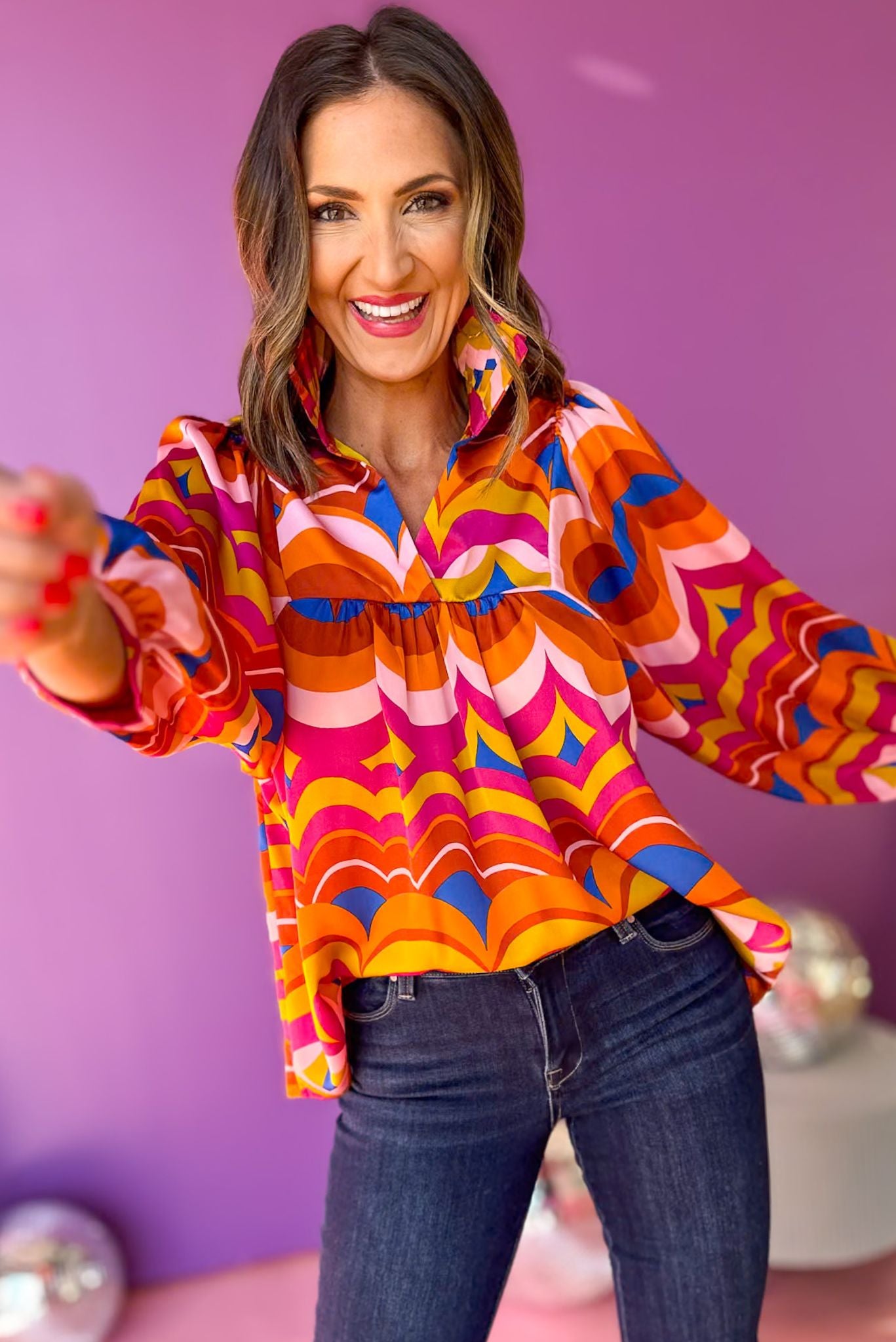 Orange Abstract Printed High Ruffle Collar Split Neck Top, must have top, elevated top, printed top, must have print, split neck, ruffle top, mom style, church style, office wear, shop style your senses by mallory fitzsimmons