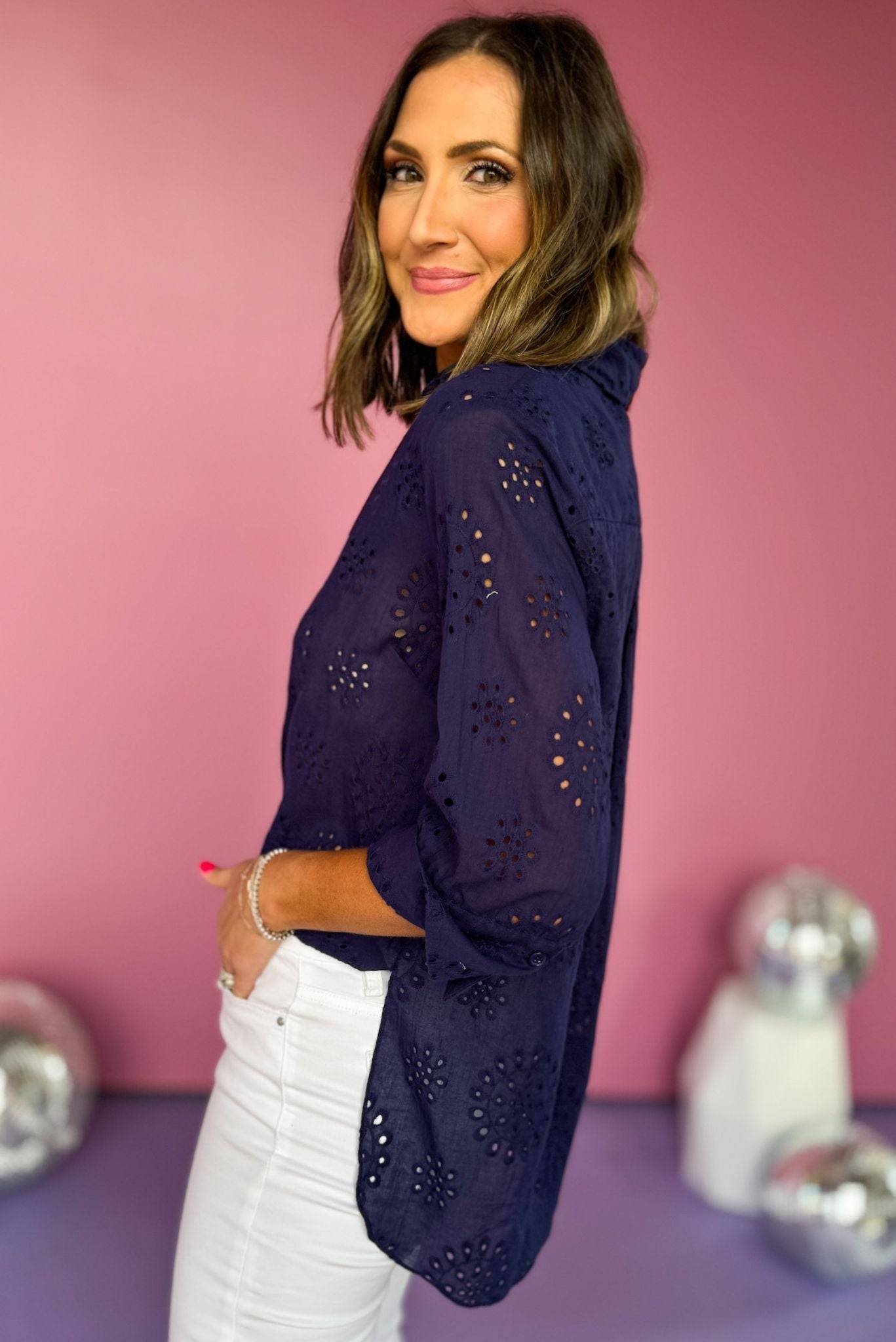 Navy Eyelet Button Front Long Sleeve Top, eyelet top, navy top, must have top, must have style, office style, spring fashion, elevated style, elevated top, mom style, work top, shop style your senses by mallory fitzsimmons, ssys by mallory fitzsimmons