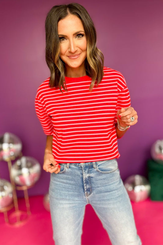  Red Striped Three-Quarter Sleeve Drop Shoulder Top, must have top, must have style, office style, spring fashion, elevated style, elevated top, mom style, work top, shop style your senses by mallory fitzsimmons